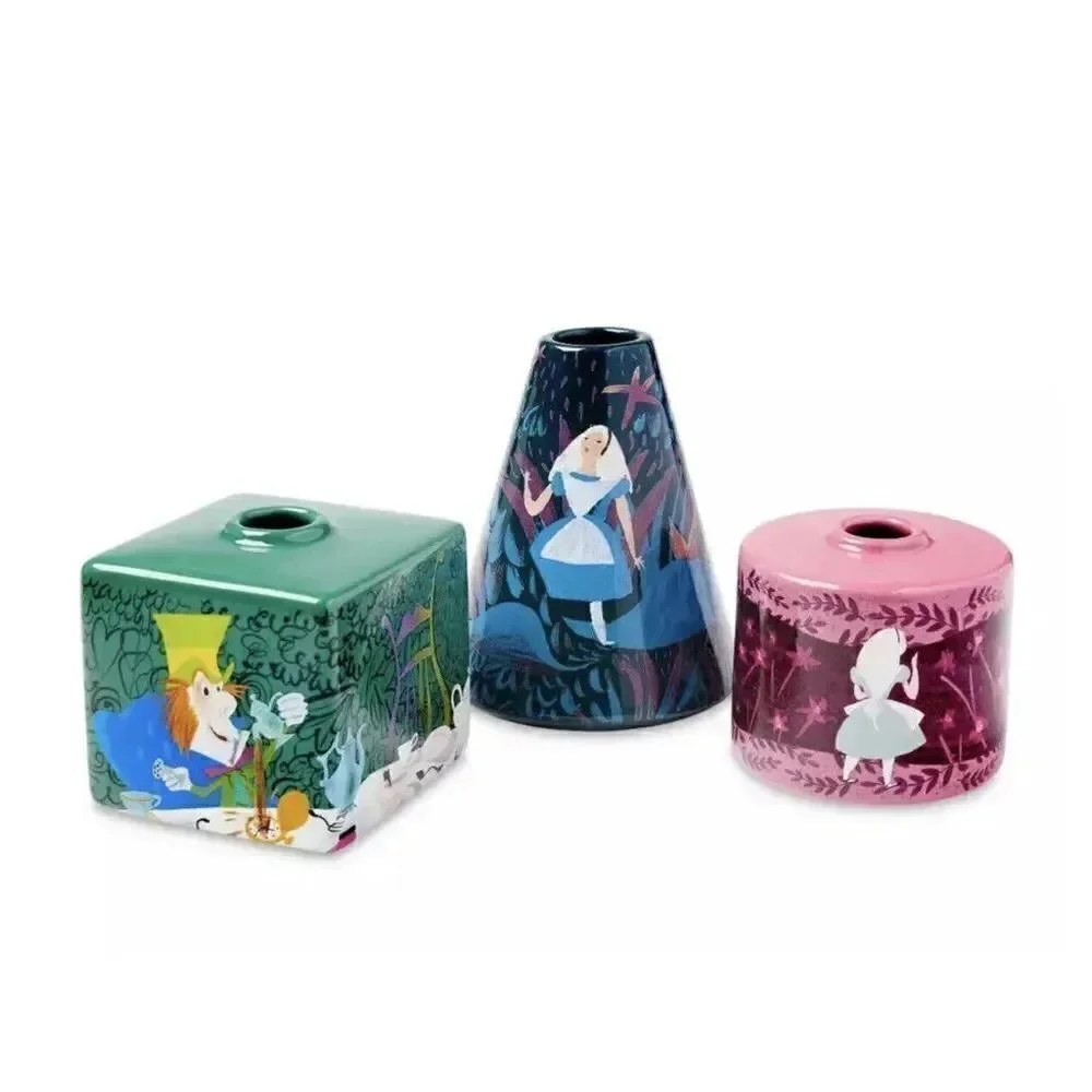 Set Of 3 Disney Store Alice in Wonderland By‎ Mary Blair Vases 70th Anniversary